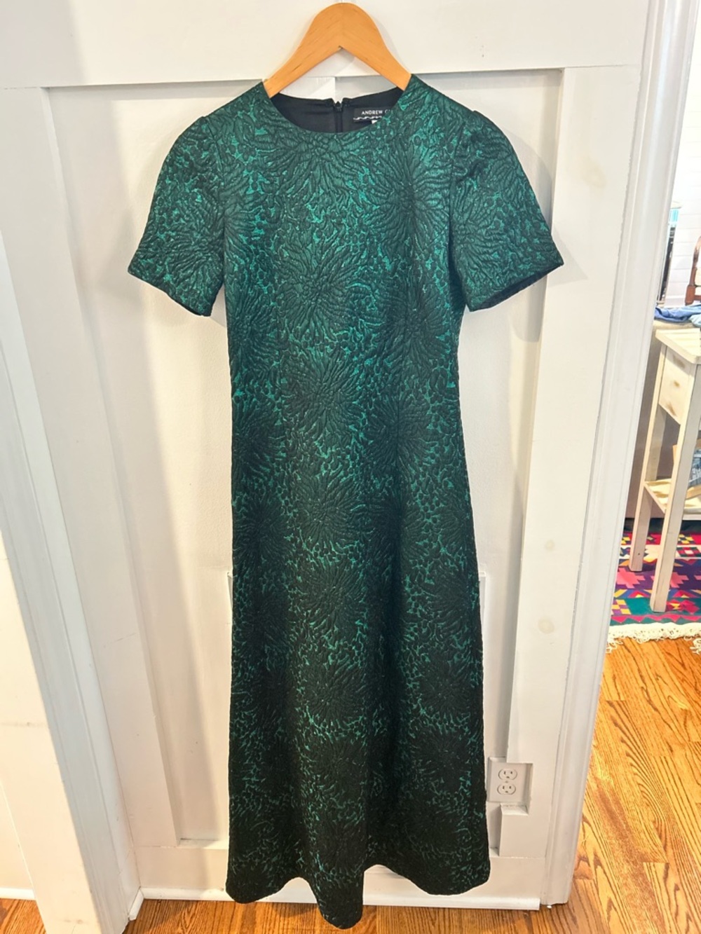 Andrew GN Emerald Green Jacquard Textured Short-Sleeve formal Dress size 34